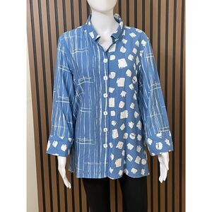 Ali Miles Women's L Blue Button-Up Tunic Shirt Abstract Wearable Art Polka Dot